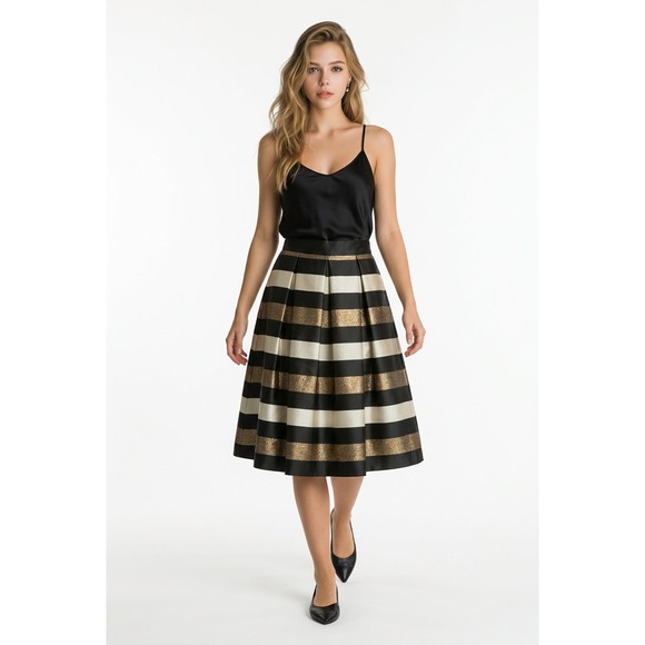 Eliza J Metallic Gold Black Striped Pleated Midi Skirt Size 6 Holiday Party